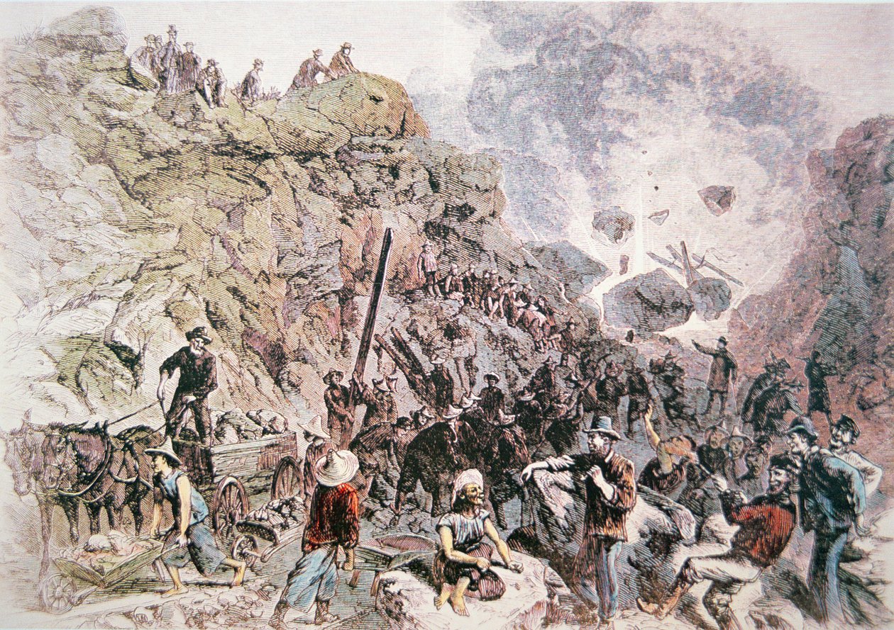 Kiinalaiset työntekijät auttoivat rakentamaan Keski-Tyynenmeren rautatietä, valmistunut 1869 (väri litho) tekijältä American School