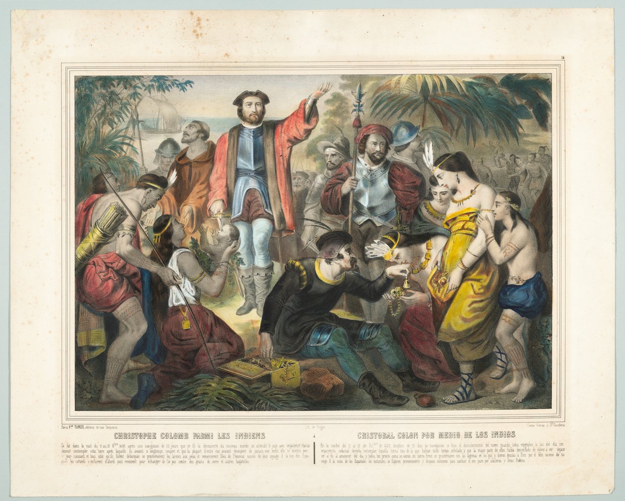 Kristoffer Kolumbus intiaanien joukossa (väri litho) tekijältä American School