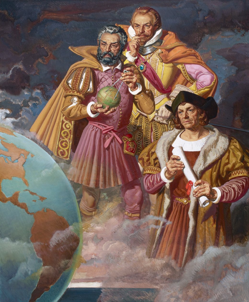 Kristoffer Kolumbus, Ferdinand Magellan ja Vasco de Gama, n.1940 (värilitografia). tekijältä American School