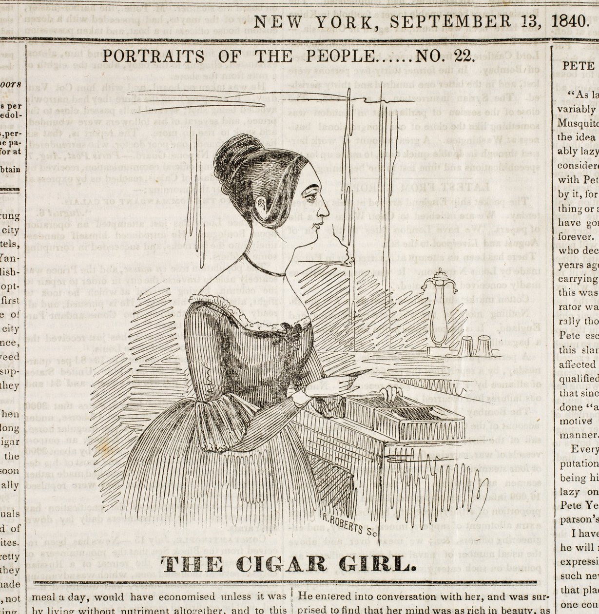 Sikarityttö, "New York Sunday Atlas" -lehden etusivu, 13. syyskuuta 1840 tekijältä American School