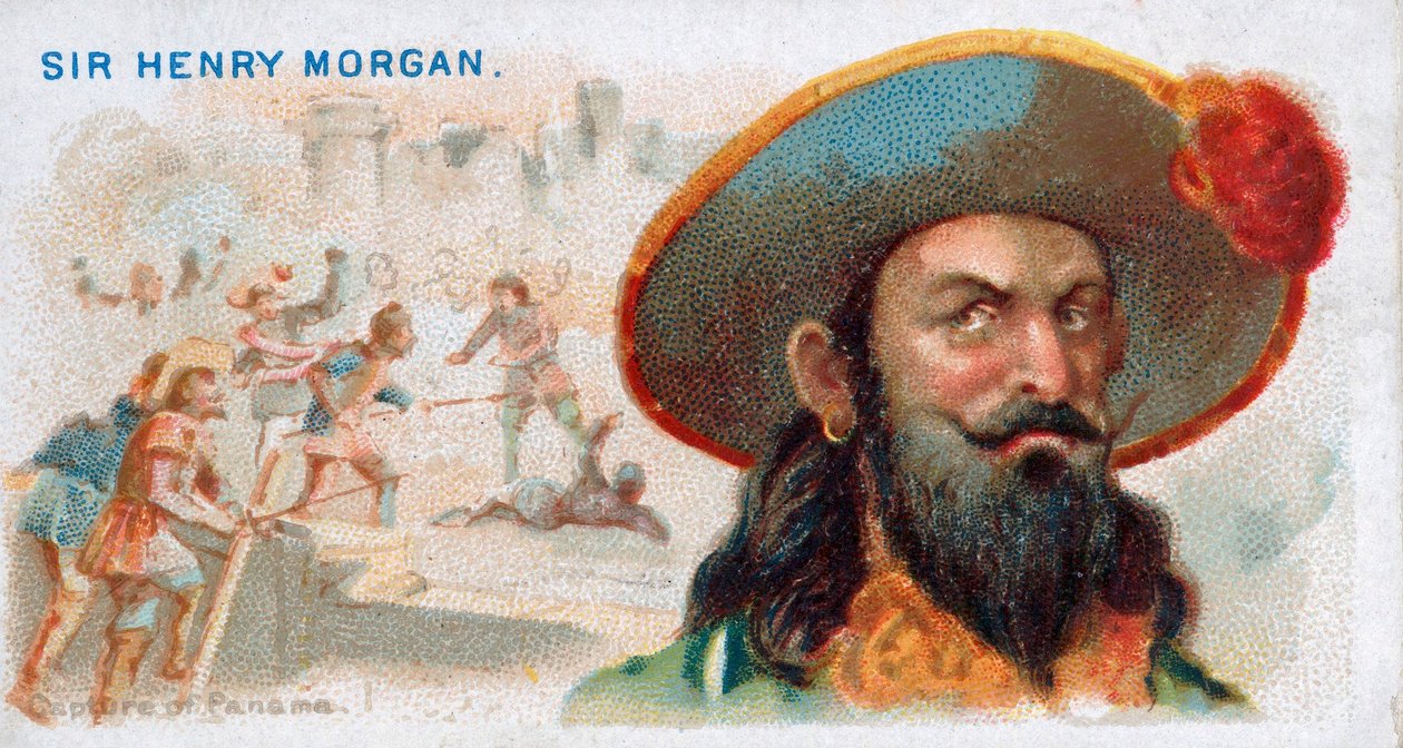 Savukekortti Sir Henry Morgan, Panaman vangitseminen, pubi. 1888 värilitografia. tekijältä American School