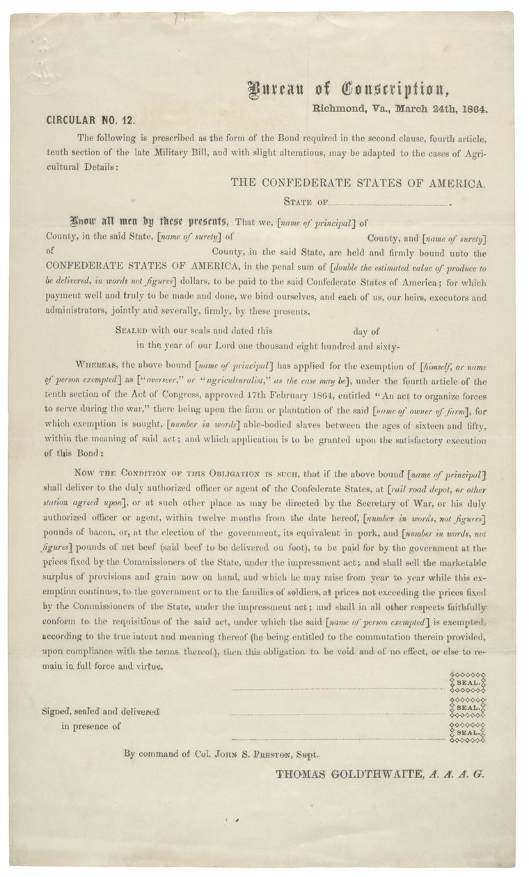 Pyöreäkirje nro 12, tyhjä hakemus palveluksesta vapauttamiseksi Konfederaation armeijassa, 24. maaliskuuta 1864 tekijältä American School