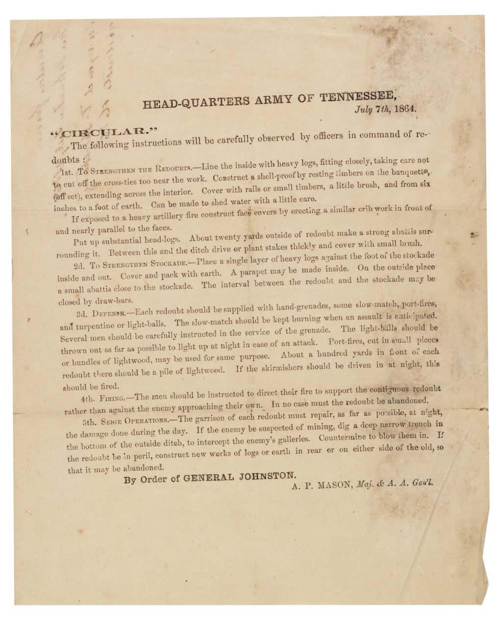 Kiertokirje, joka koskee Tennesseen armeijan käyttämien redoubtien rakentamista ja linnoitusta, 7. heinäkuuta 1864 tekijältä American School