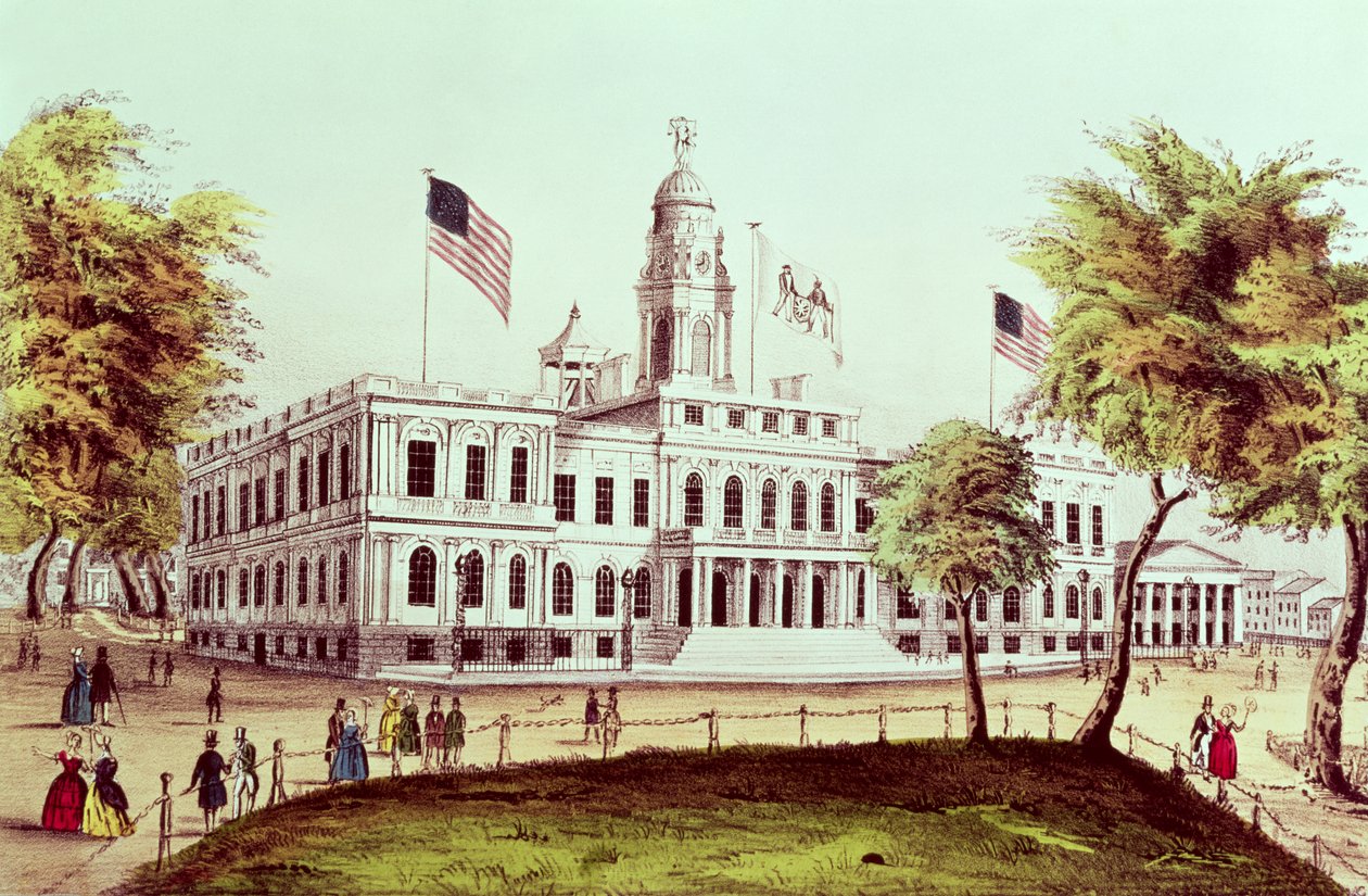 Kaupungintalo, New York, kaiverrus Nathaniel Currier (1813-88) tekijältä American School