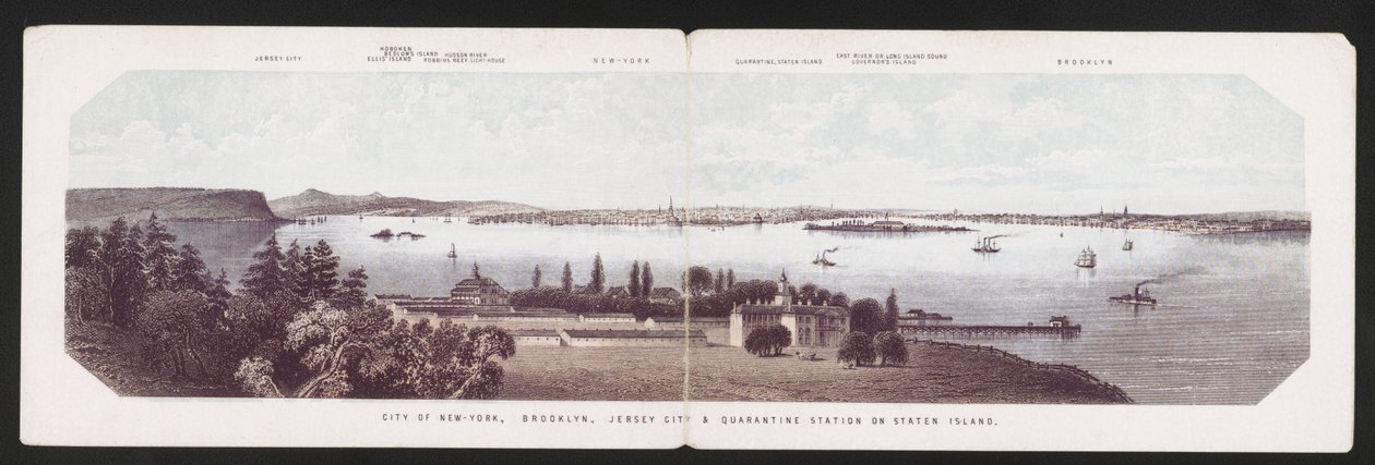 City of New-York, Brooklyn, Jersey City ja karanteeniasema Staten Islandilla, n. 1850 (väri litho) tekijältä American School