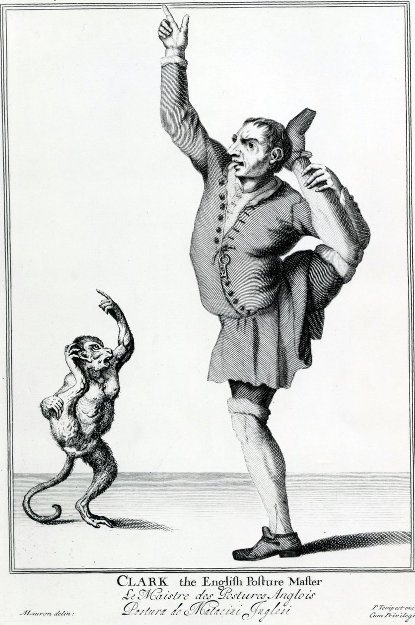 Clark the English Posture Maker, otettu sarjasta The Cryes of the City of the London Drawne after the Life, kaiverrus Marcellus Laroon II:n mukaan, julkaisija Pierce Tempest, 1688 tekijältä American School