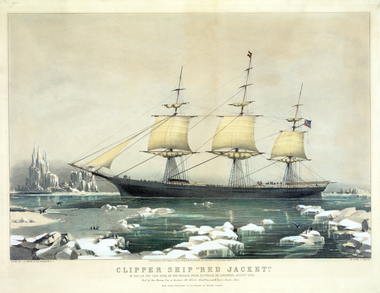 Clipper Ship Red Jacket jäällä Cape Hornin edustalla matkalla Australiasta Liverpooliin, elokuu 1854, pubi. N. Currier, 1855 tekijältä American School