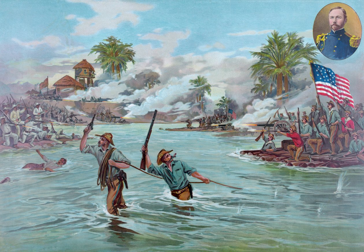 Eversti A.S. Funston ja 20. Kansas Volunteers Crossing the River at Calumpit, 26. huhtikuuta 1899, pub. 1899 (värijäsenet) tekijältä American School