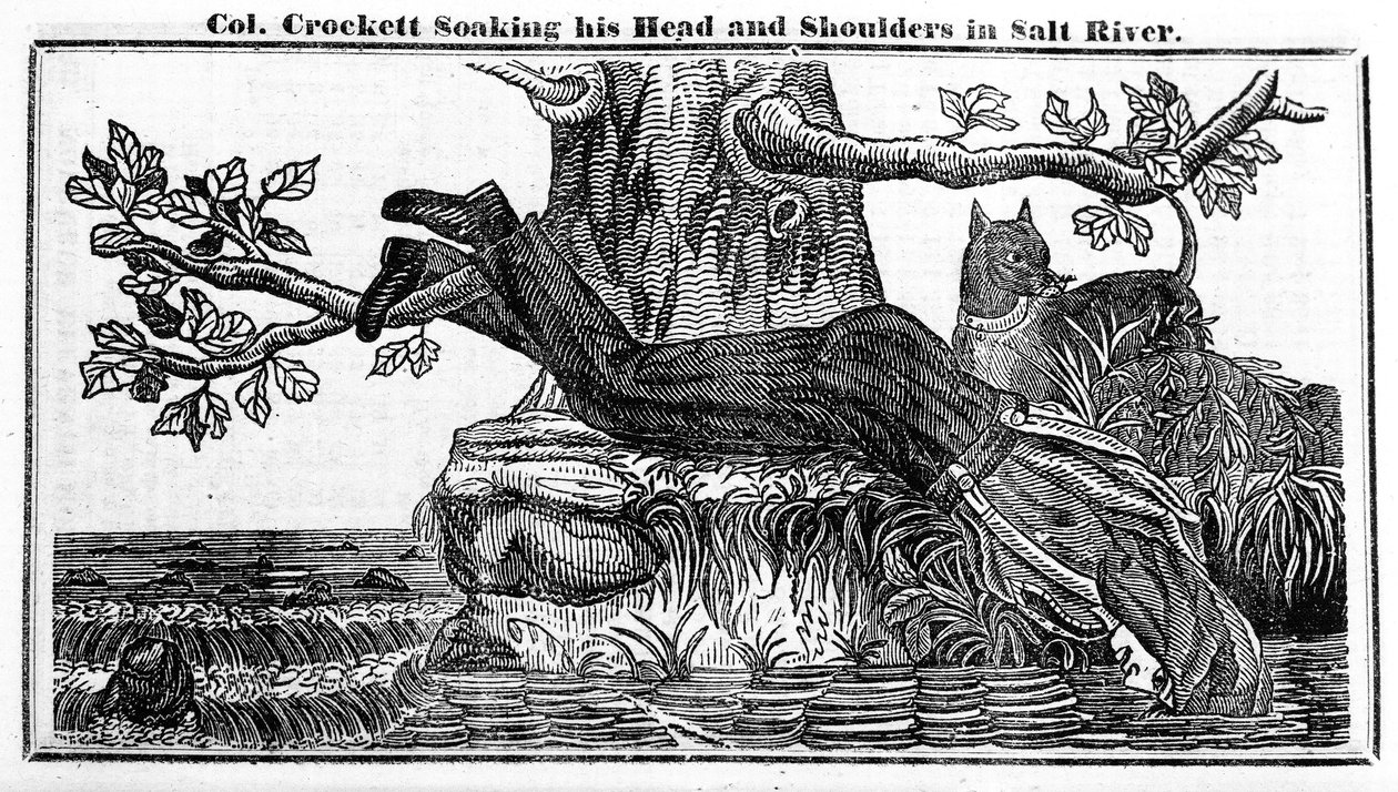 Eversti Davy Crockett liottaa päätään ja hartioitaan Salt Riverissä, Crocketts Almanakista, 1837 (sanomalehtipaperi) tekijältä American School