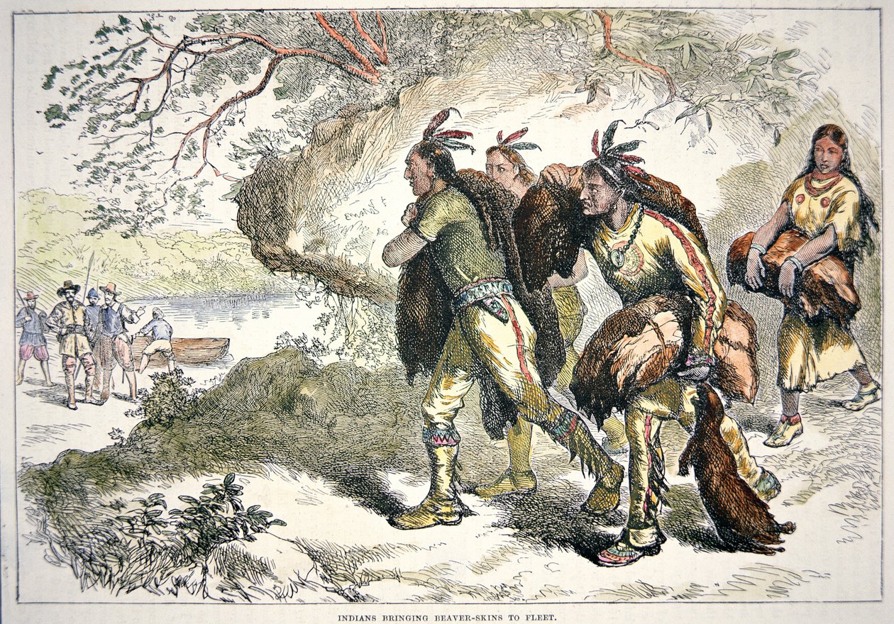 Colonial Fur Traders (värillinen kaiverrus) tekijältä American School