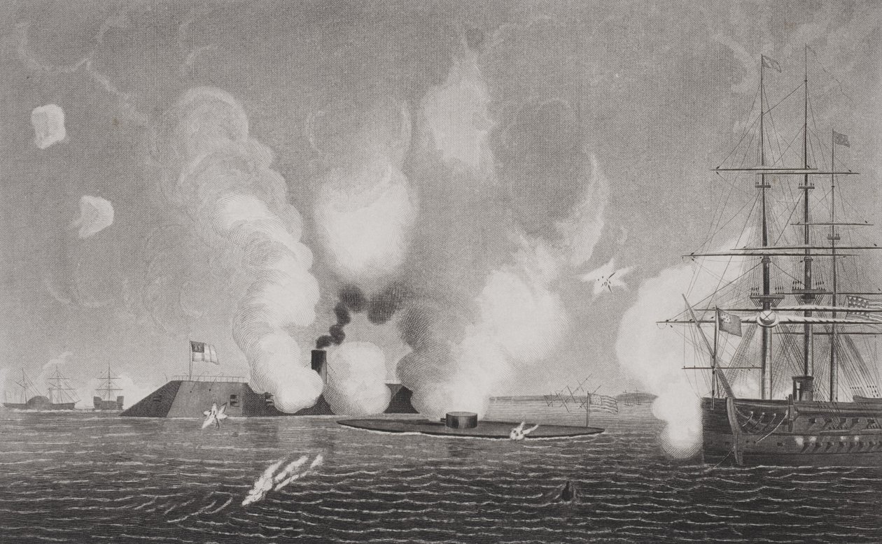 Taistelu Confederate CSS Virginian (vasemmalla) ja Union USS Monitorin (keskellä) välillä 9. maaliskuuta 1862 Hampton Roadsilla, Virginiassa (katso lisätietoja osoitteesta 254609) tekijältä American School