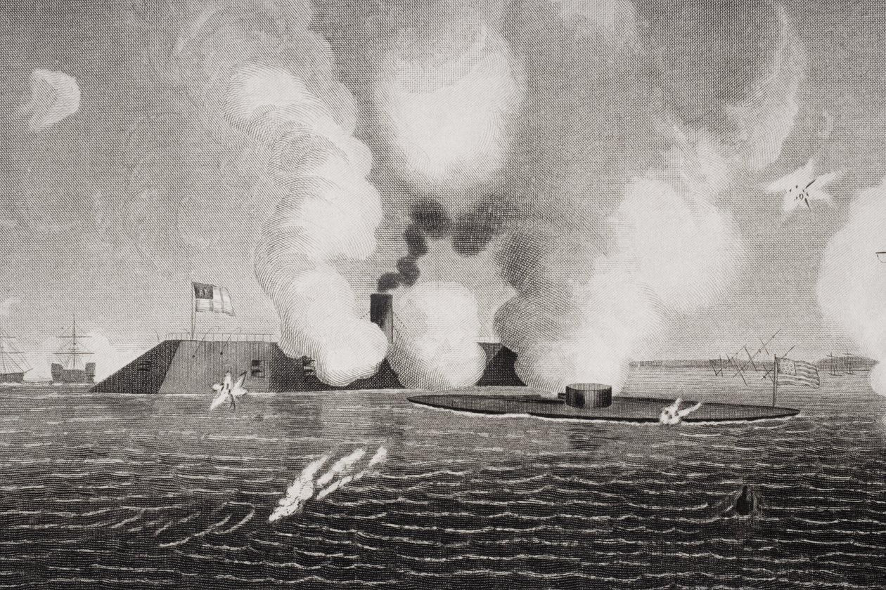 Taistelu Confederate CSS Virginian (vasemmalla) ja Union USS Monitorin (oikealla) välillä 9. maaliskuuta 1862 Hampton Roadsissa, Virginiassa (numero 254608) tekijältä American School