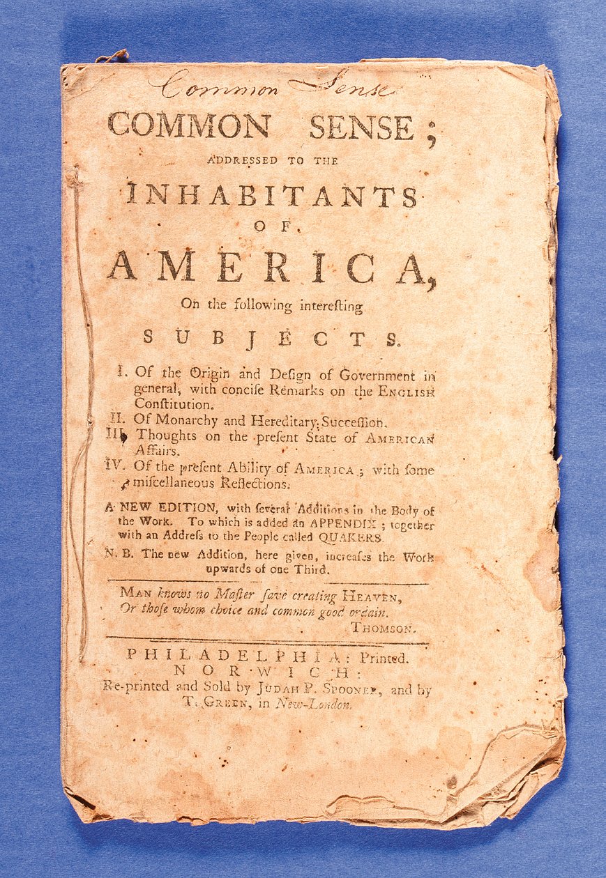 "Common Sense: Addressed to the Inhabitants of America", Thomas Painen (1737-1809) uusi painos, painettu Philadelphiassa tekijältä American School