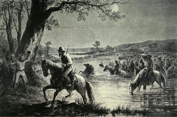 Konfederaation armeija ylitti Potomac-joen Fordeja Marylandin hyökkäyksen aikana vuonna 1862 (litho) tekijältä American School