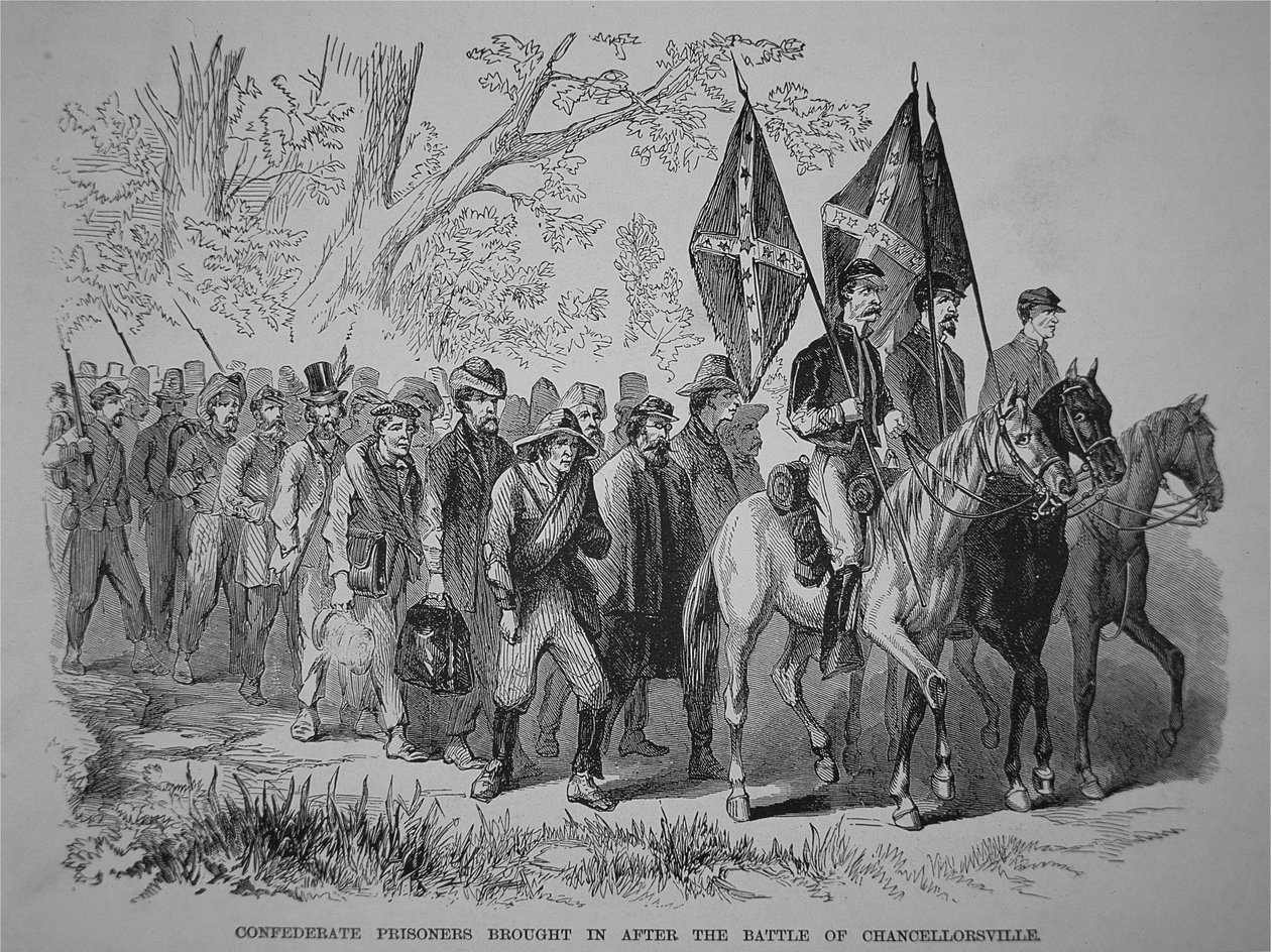 Konfederaation vangit, jotka tuotiin Chancellorsvillen taistelun jälkeen (litho) tekijältä American School