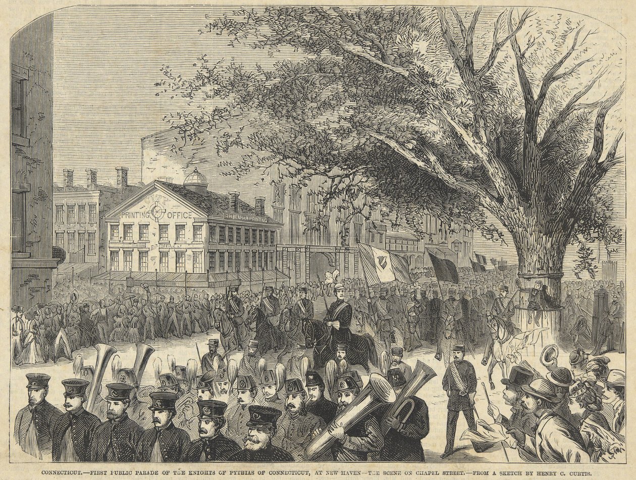 Connecticut - Ensimmäinen julkinen Pythias of Connecticutin ritarien paraati New Havenissa. The Scene on Chapel Street, Harper