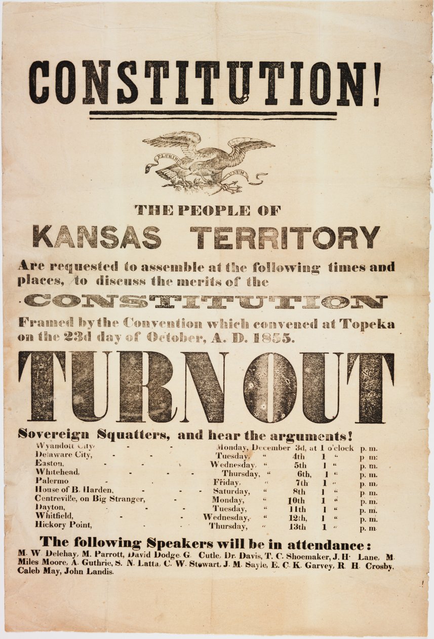perustuslaki! Kansas Territoryn ihmisiä pyydetään kokoontumaan..., painanut E. C. K. Garvey & Co., noin 23. lokakuuta 1855 tekijältä American School