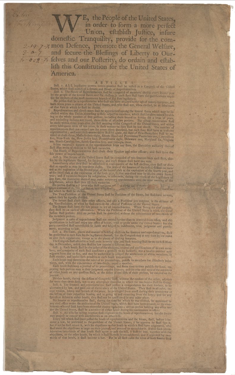 Perustuslaki, ensimmäinen painos, painanut Dunlap & Claypoole, 17.-19. syyskuuta 1787 (katso GLC 695934 sivua 2) tekijältä American School