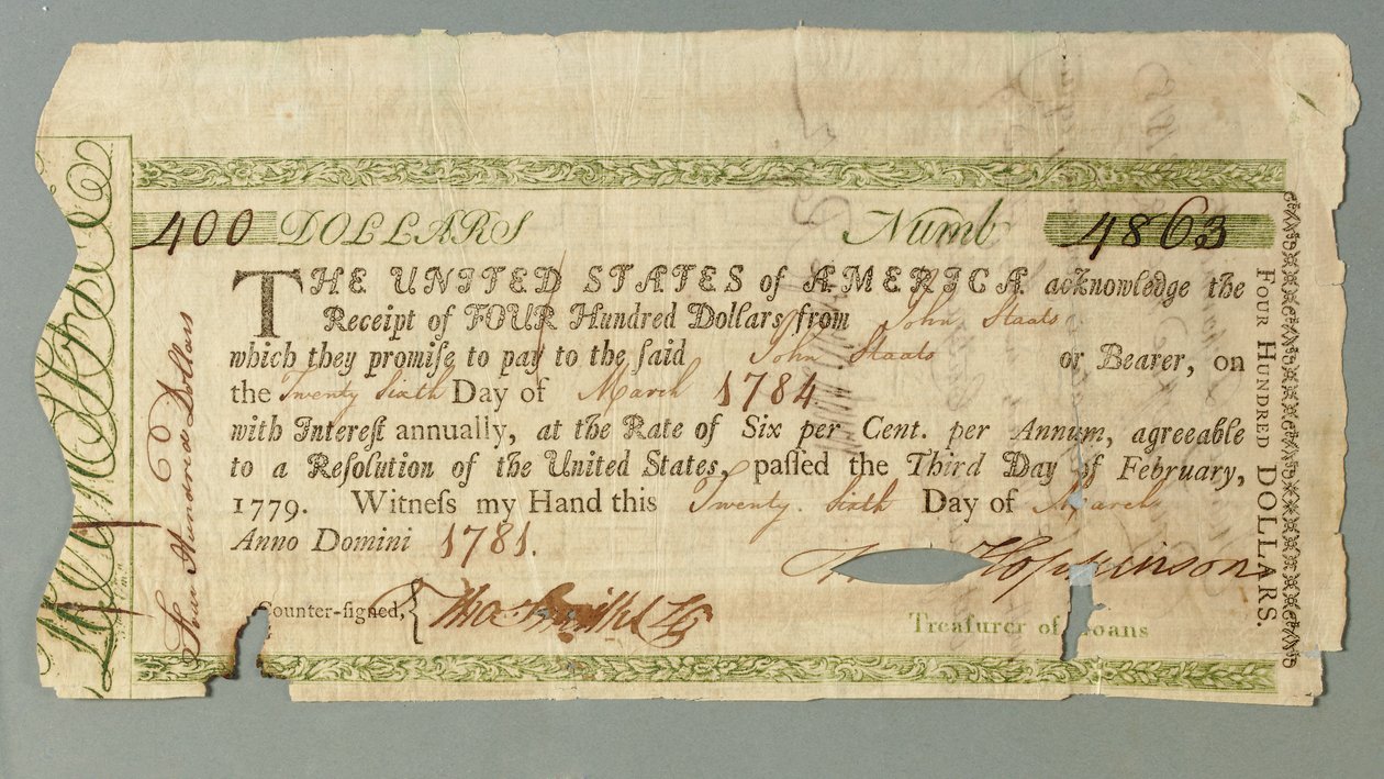 Continental Loan Office -todistus numero 4863, rahastonhoitaja Francis Hopkinsonin allekirjoittama, 26. maaliskuuta 1781 tekijältä American School