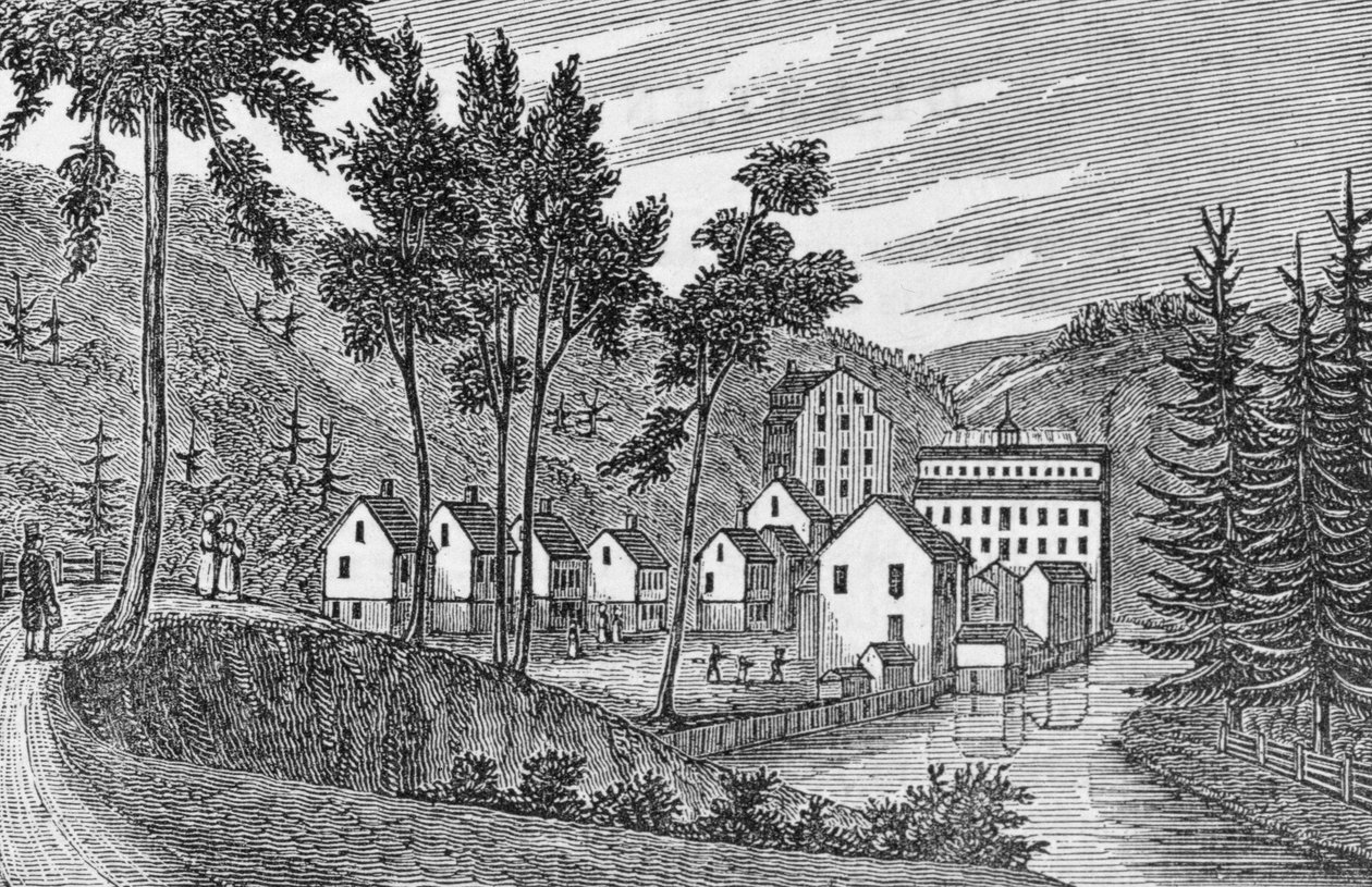 Puuvillatehdaskylä, Glastenbury, "Connecticut Historical Collections" -kokoelmasta, John Warner Barber, 1856 tekijältä American School
