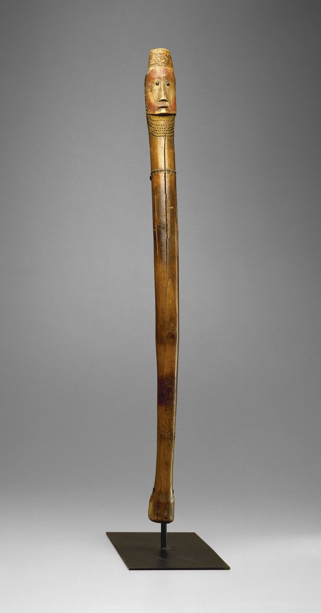 Coup Stick, Yankton Sioux, n. 1880 (puu, messinkikynnet, pigmentti ja kuumat viilan jäljet) tekijältä American School