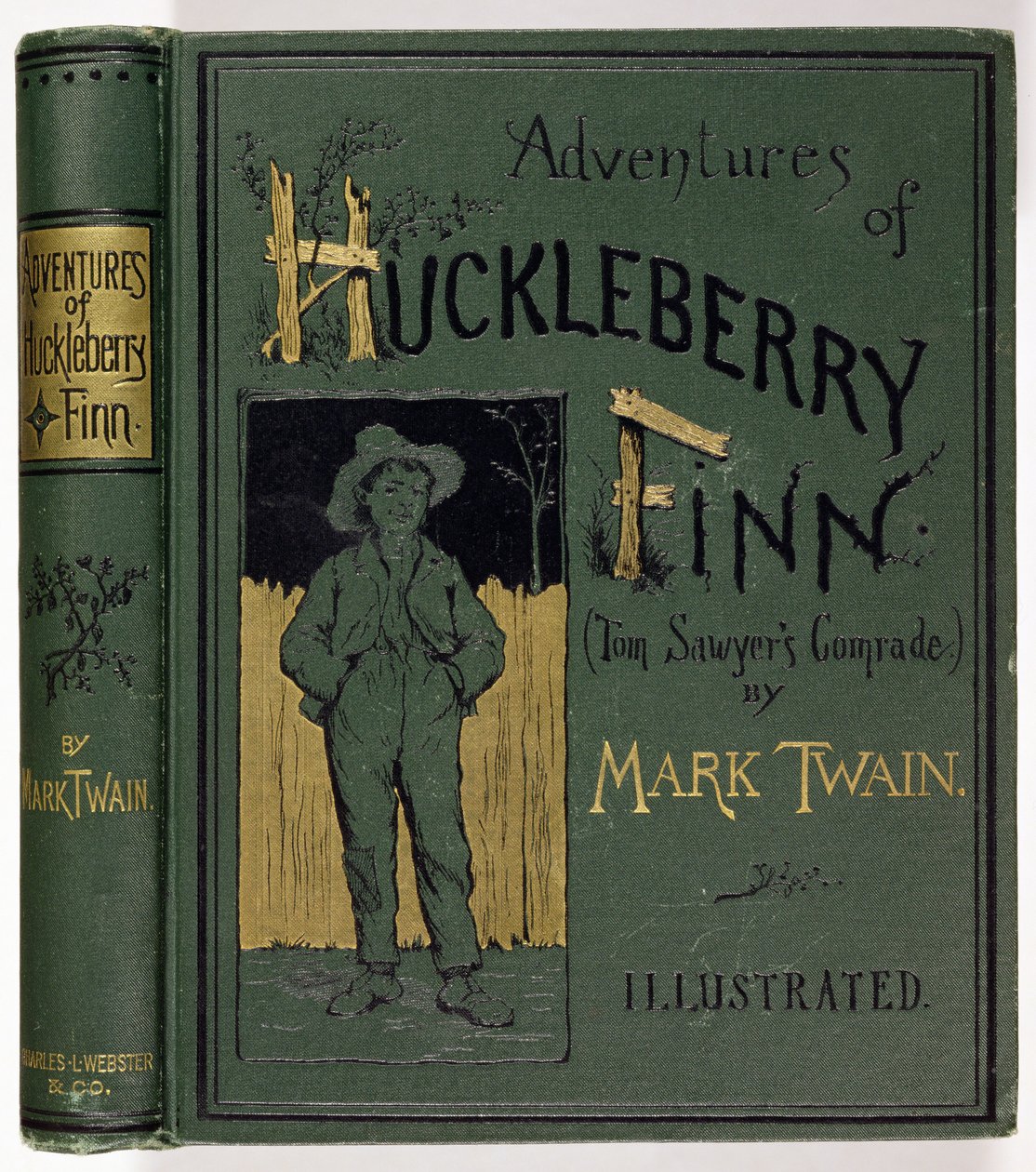 Mark Twainin (1835-1910) Huckleberry Finnin seikkailujen kansikuva, ensimmäinen amerikkalainen painos, julkaisija Charles L. Webster, 1885 (kultakuvioitu kangas) tekijältä American School