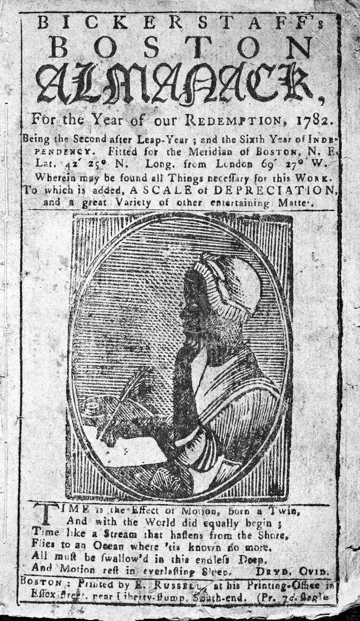 Bickerstaffs Boston Almanackin kansi, jossa on muotokuva Phillis Wheatleystä (1753-84), julkaistu 1782 (painettu) tekijältä American School