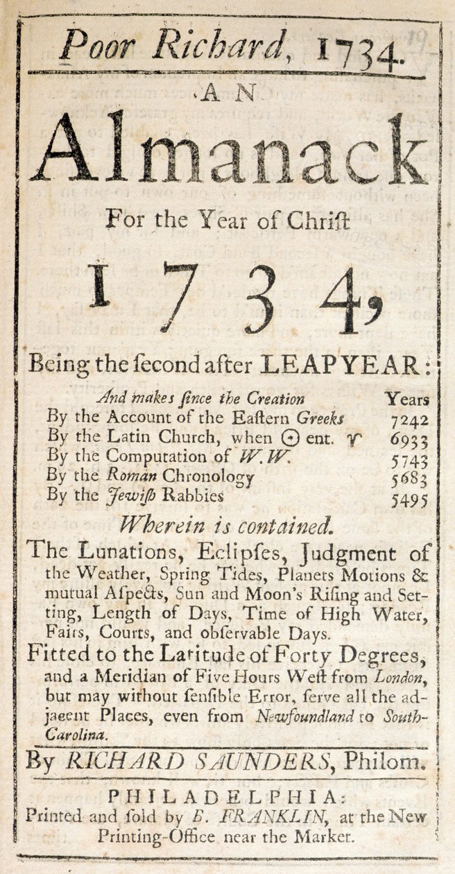 Kansi köyhästä Richardista, almanakista, 1734 (painettu) tekijältä American School