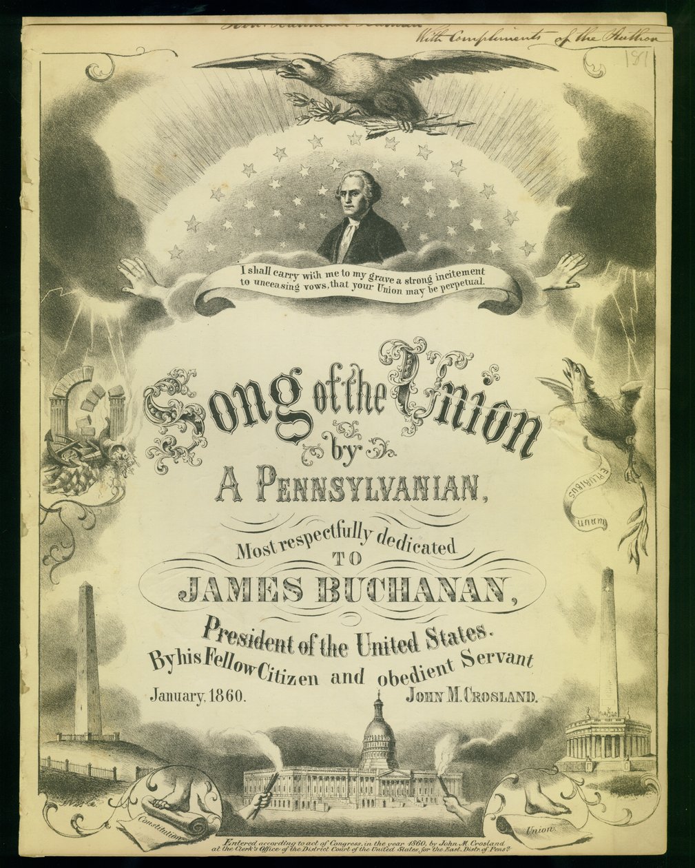Cover of Songs of the Union, Pennsylvanian..., kirjoittanut John M. Crosland, 1860 tekijältä American School
