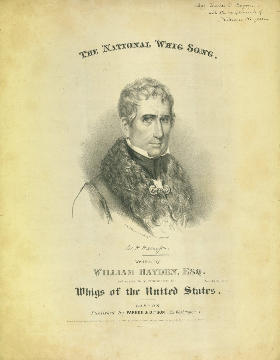 Lehden kansi The National Whig Song, kirjoittanut William Hayden, julkaissut Parker & Diston, Boston, 1840 tekijältä American School