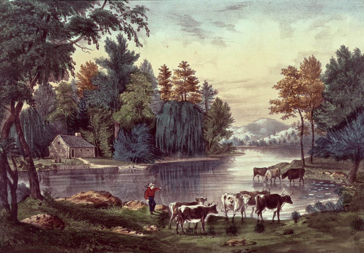 Cows on the Shore of a Lake, julkaisijat Nathaniel Currier (1813-88) ja James Merritt Ives (1823-95) (värilitho) tekijältä American School