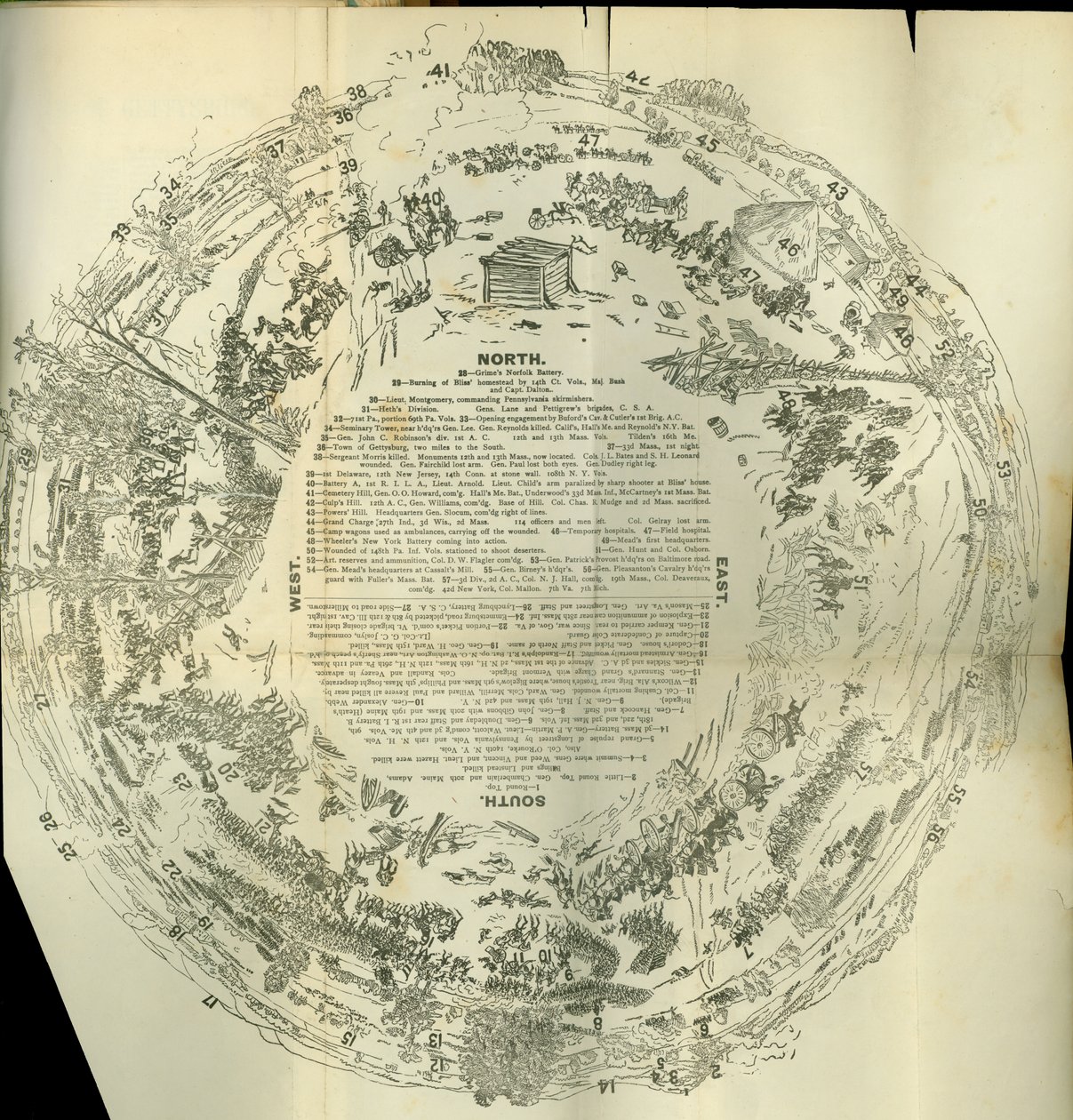 Cycloraman taitettava kartta, jossa on yksityiskohtaiset tiedot Suuren kapinan historiasta, n. 1870 tekijältä American School