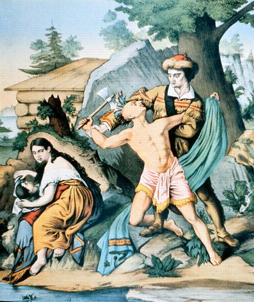 Daniel Boone (1734-1820) puolustaa perhettään intiaanien hyökkäyksiä vastaan tekijältä American School