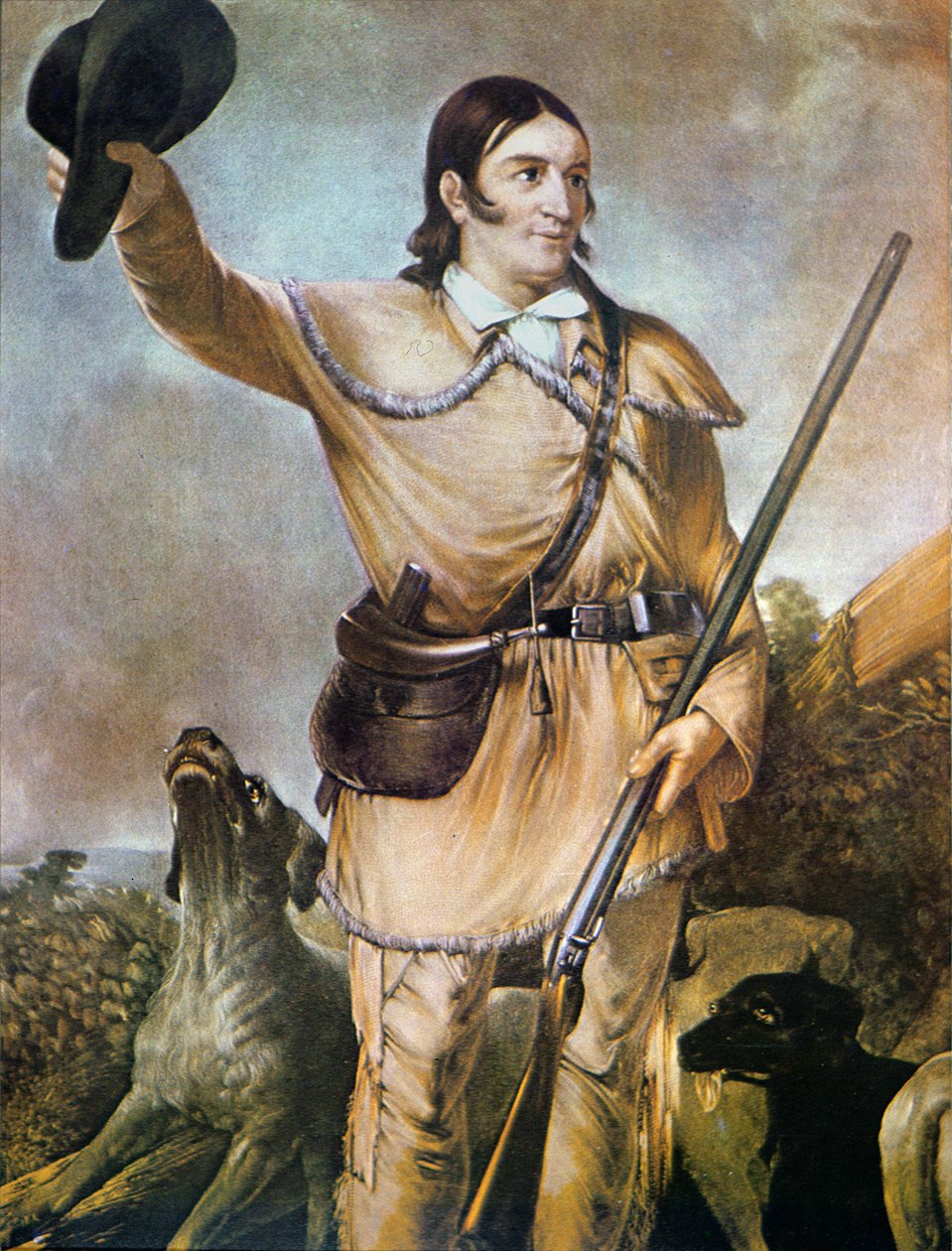 David (Davy) Crockett (1786-1836) metsästyskoirien kanssa vuonna 1836 (väri litho) tekijältä American School