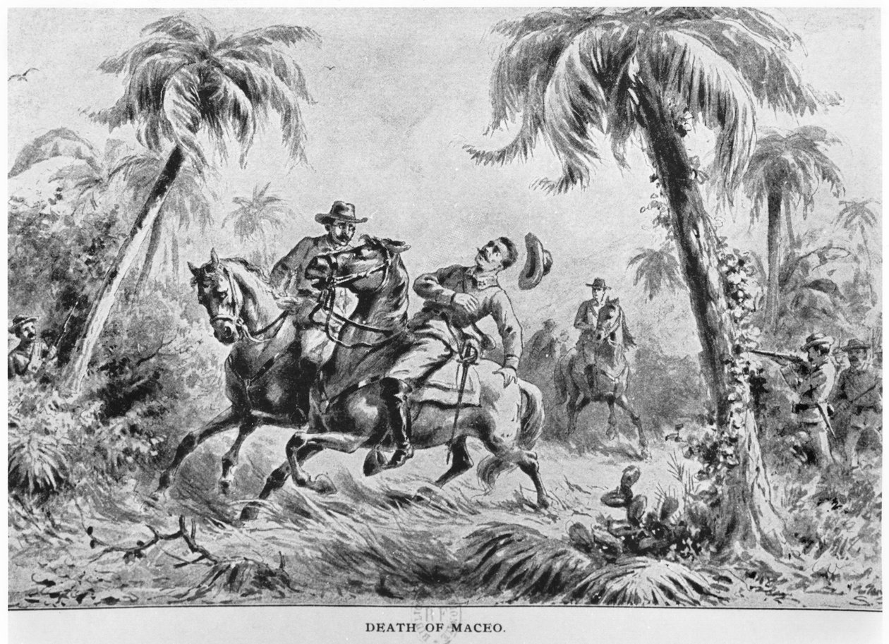 Antonio Maceon kuolema (1845-96), kuvitus Murat Halsteadin teoksesta The Story of Cuba, julkaistu 1898 tekijältä American School