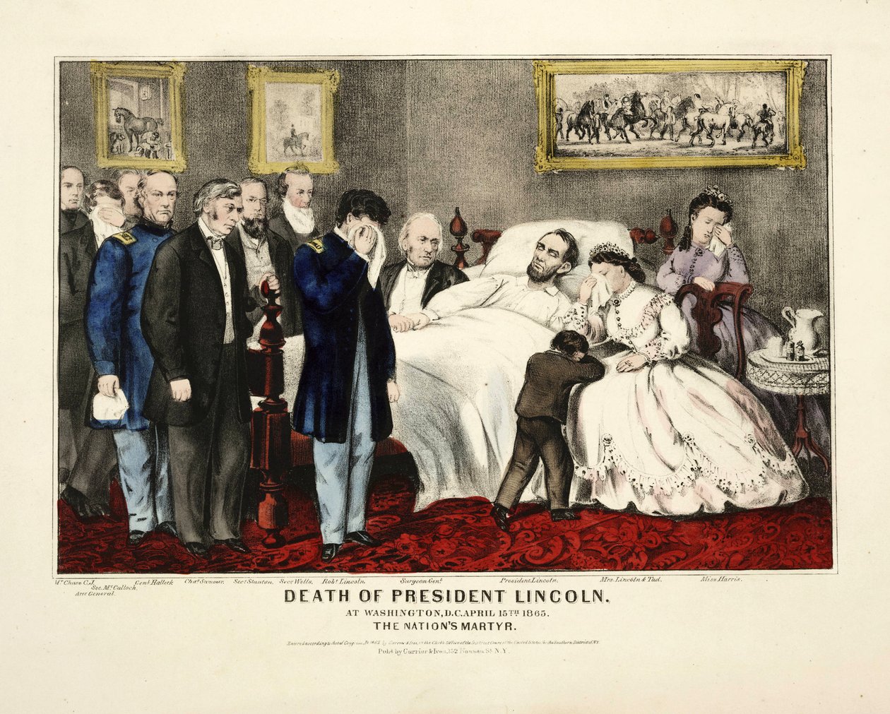 Presidentti Lincolnin kuolema Washington DC:ssä 15. huhtikuuta 1865, pub. 1865 tekijältä American School