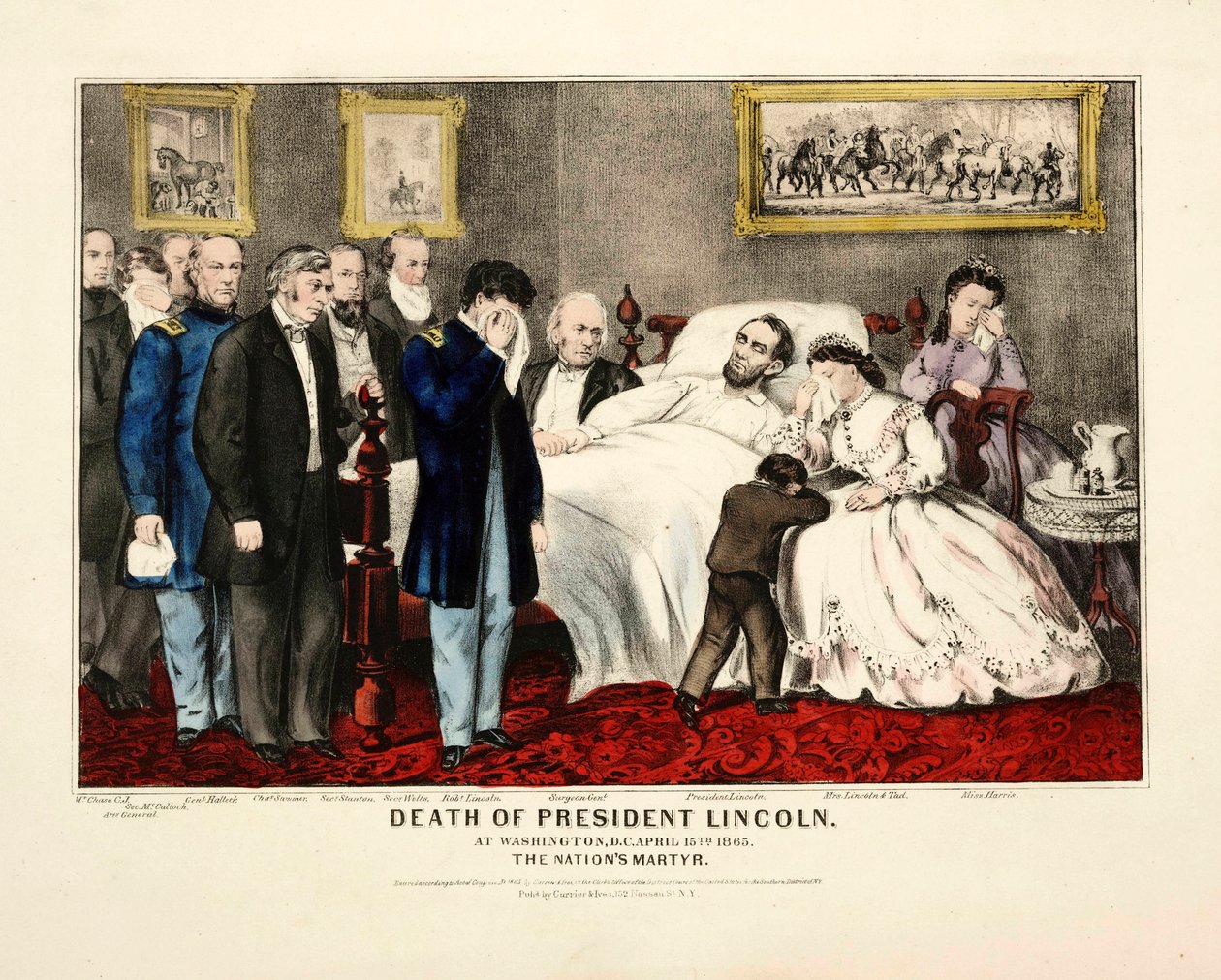 Presidentti Lincolnin kuolema Washington DC:ssä 15. huhtikuuta 1865, pub. 1865 värilitografia tekijältä American School
