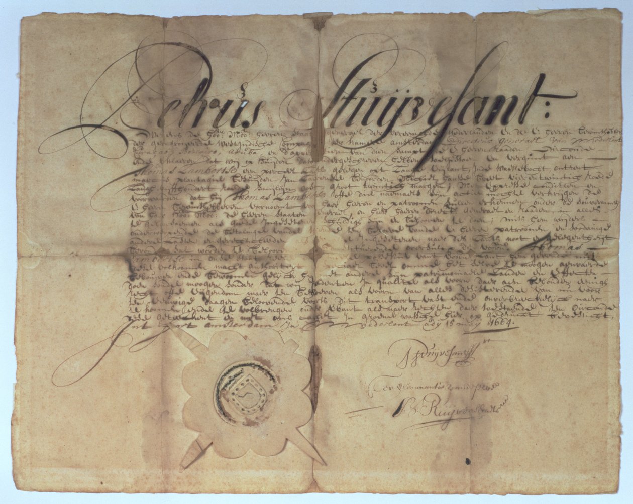Uuden Alankomaiden pääjohtaja Peter Stuyvesantin allekirjoittama asiakirja, 15. toukokuuta 1664 tekijältä American School