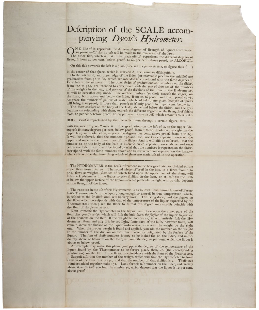 Mukana olevan Dycass-hydrometrin asteikon kuvaus, 1790 tekijältä American School
