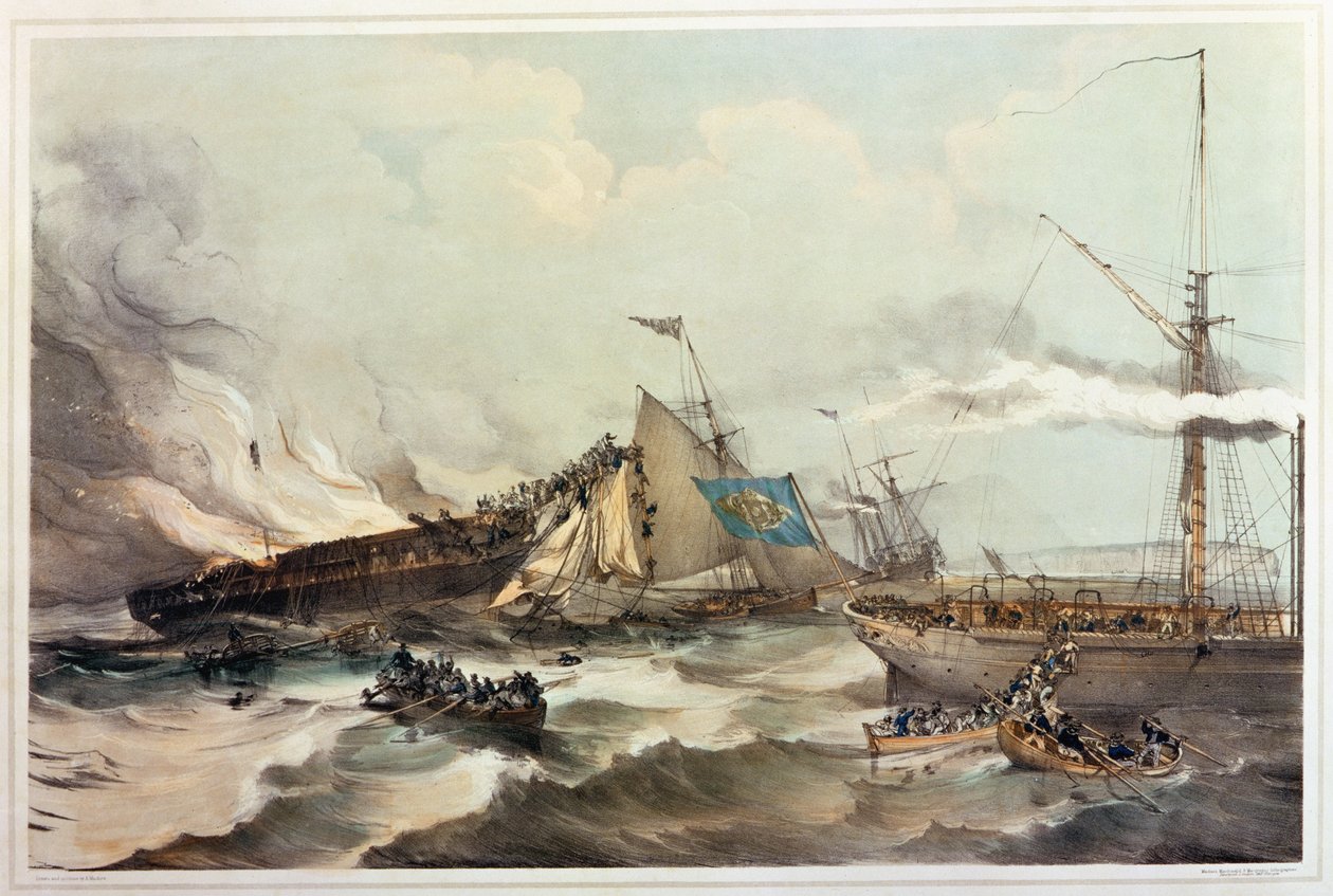 Maahanmuuttajalaivan Ocean Monarch tuhoaminen, kaiverrus Maclure, 1845 tekijältä American School