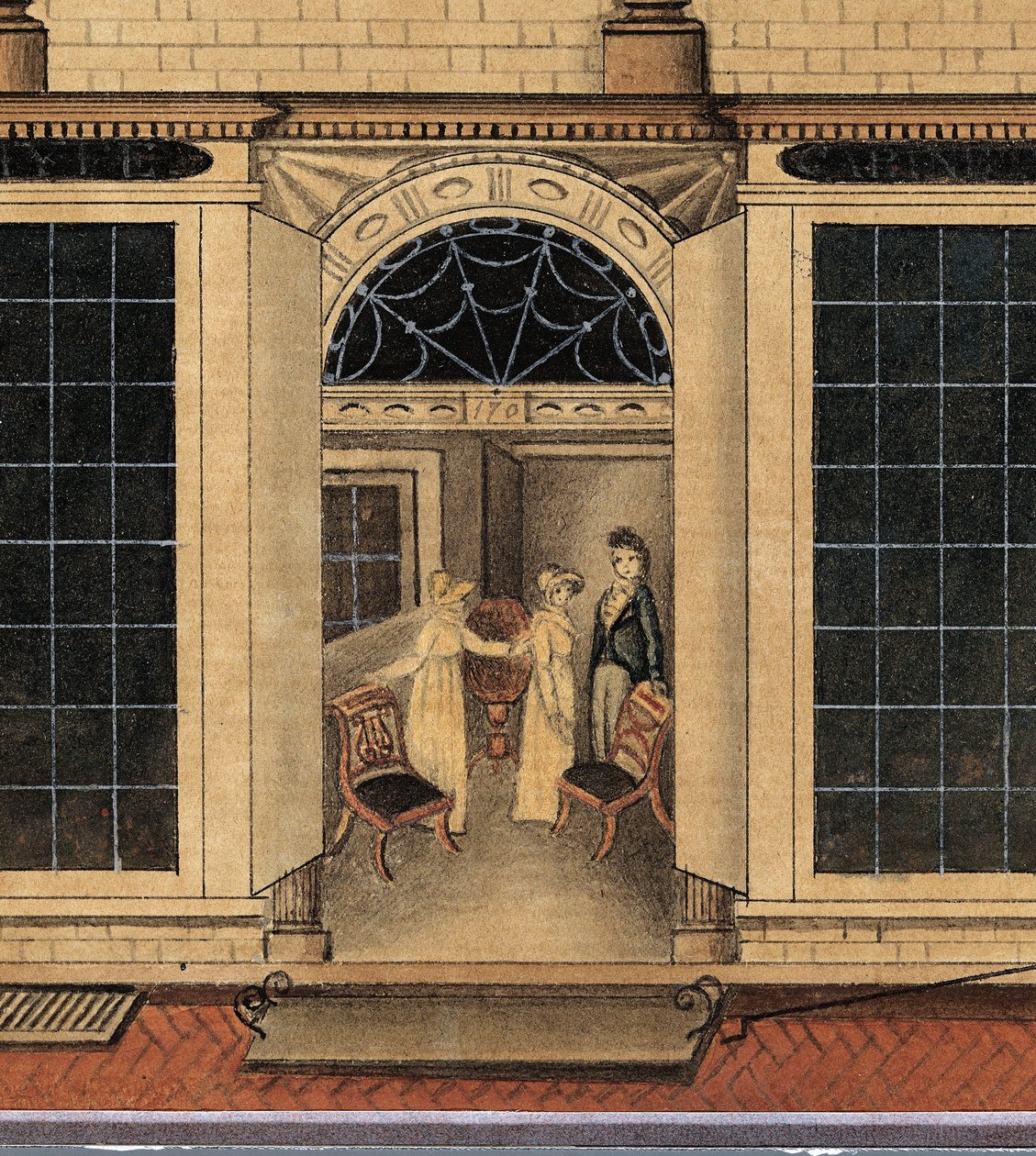 Yksityiskohta Duncan Phyfen kaupasta ja varastosta Fulton Streetillä New Yorkissa, n. 1817-1820 (akvarelli, tussi ja guassi valkoiselle paperille) tekijältä American School