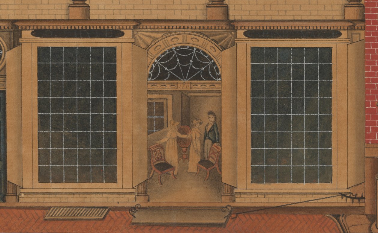 Yksityiskohta Duncan Phyfen kaupasta ja varastosta Fulton Streetillä New Yorkissa, n. 1816-1817 (akvarelli, kynä ja muste paperille) tekijältä American School