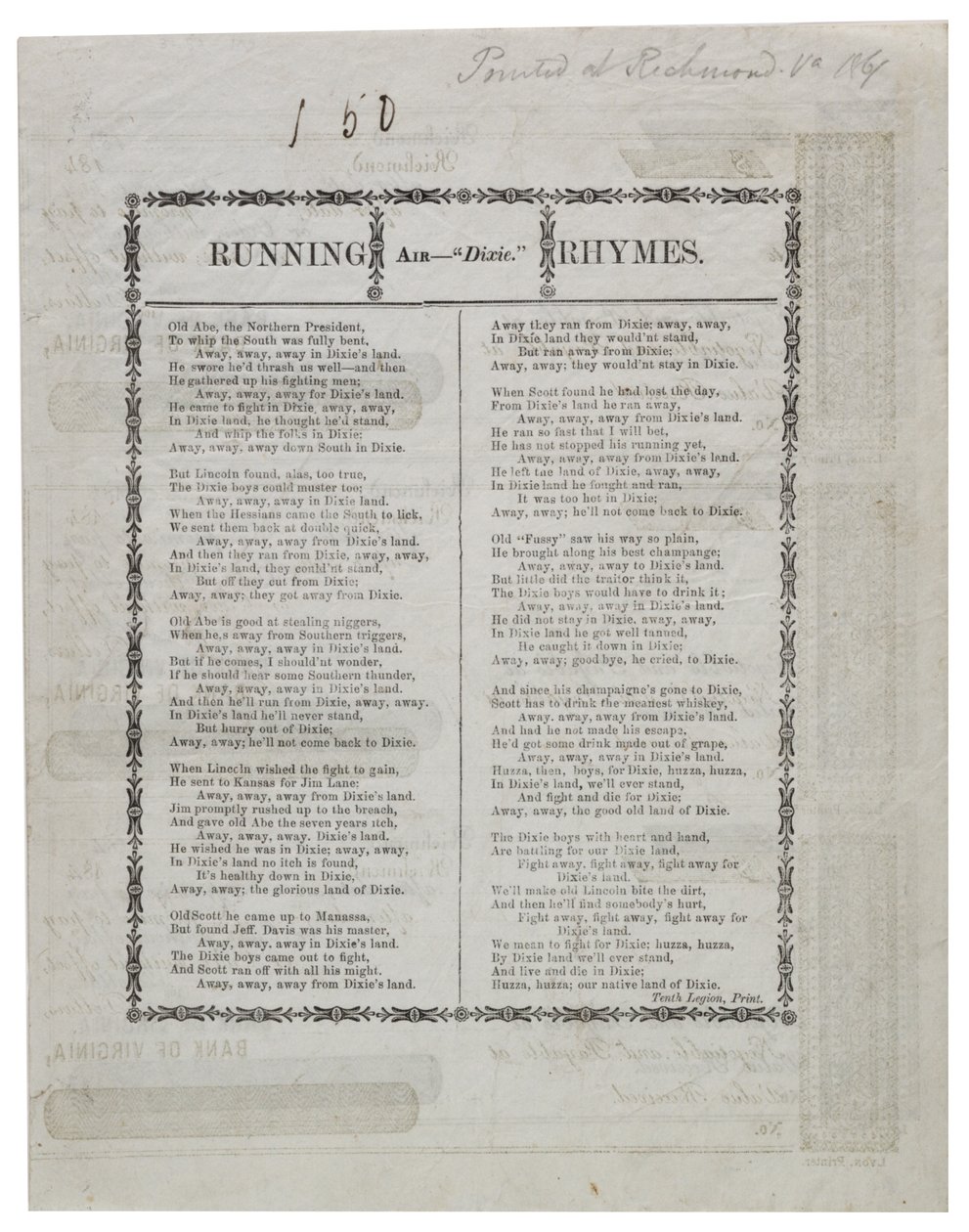 Dixie painettu arkin kääntöpuolelle, 1861 tekijältä American School