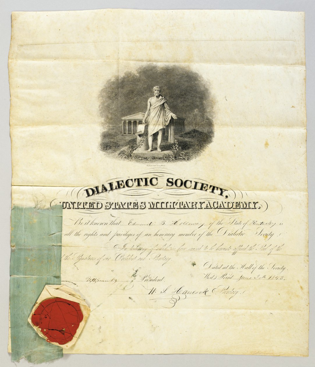 Asiakirja, jonka allekirjoitti Ulysses S. Grant Dialectic Societyn puheenjohtajana West Point Military Academyssa, 20. kesäkuuta 1843 (kaiverrus & kynä ja muste pergamentille) (katso myös 872501) tekijältä American School
