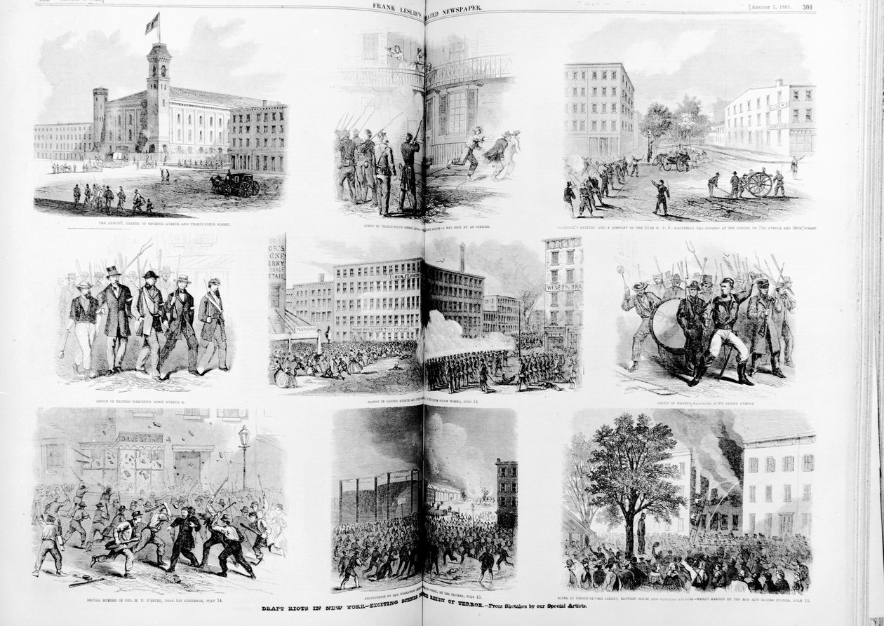 Luonnos mellakoista New Yorkissa, jännittäviä kohtauksia terrorin vallan aikana, 1863 tekijältä American School