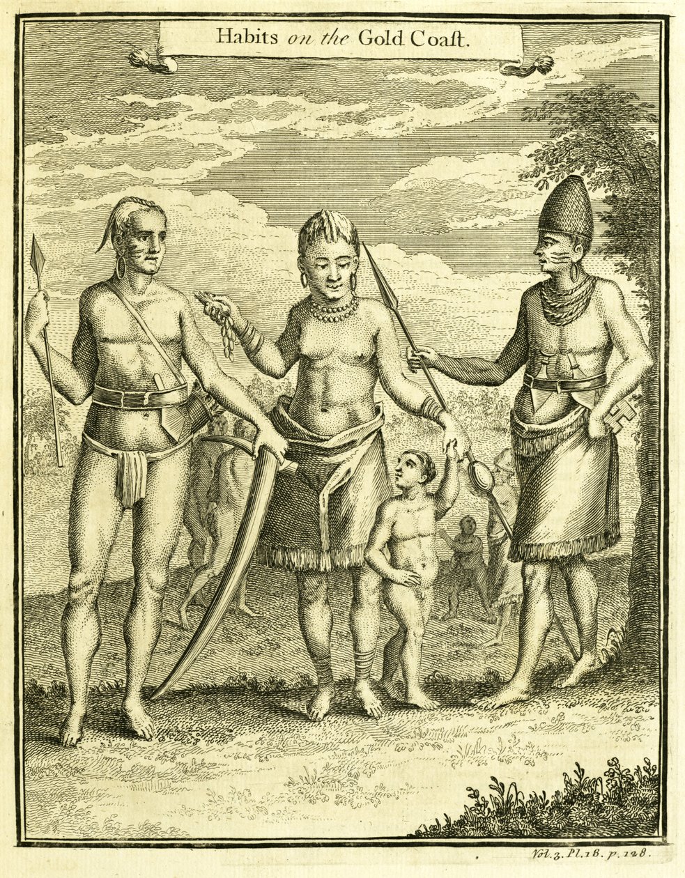 Cape Lope Gonsalvon ja Rio Gabonin asukkaiden mekko, kuvitus teoksesta "Tottumukset Gold Coastilla", kirjoittanut Thomas Astley, 1745-47 tekijältä American School