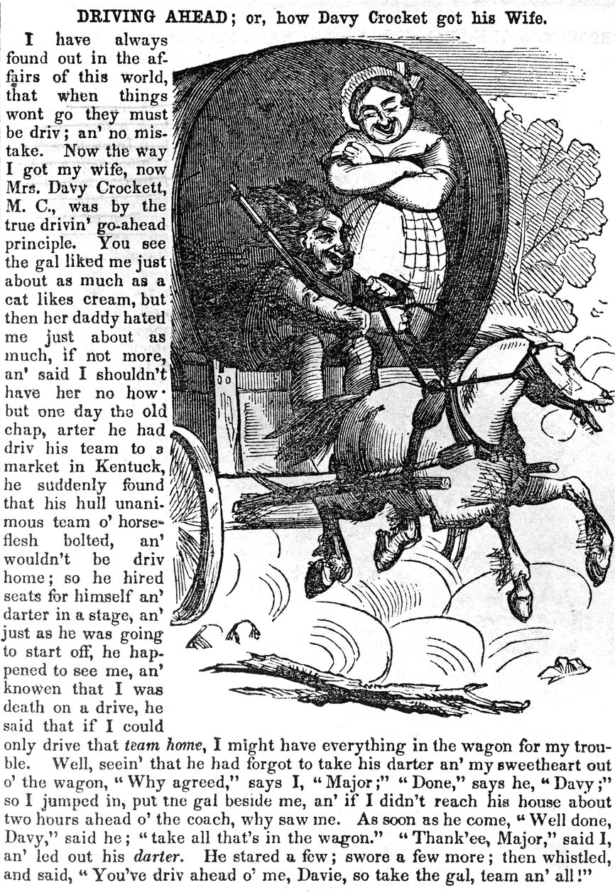 Driving Ahead, eli kuinka Davy Crockett saa vaimonsa, Crockettin almanakista vuodelle 1856, julkaistu, New York, 1855 tekijältä American School