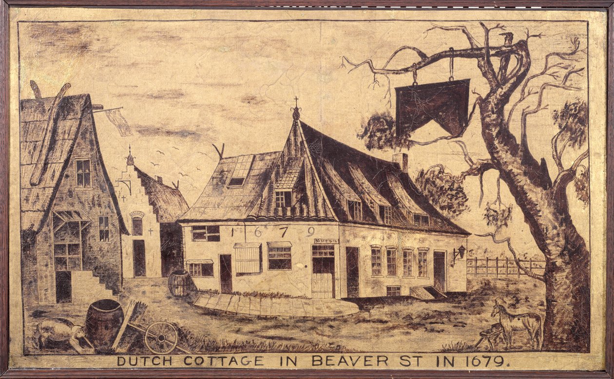 Hollantilainen mökki Beaver Streetillä vuonna 1679, n. 1853 (öljy harsolla) tekijältä American School