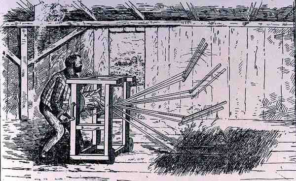 Puimakoneiden varhaiset yritykset, kuva teoksesta The Growth of Industrial Art, 1892, The Pageant of America, Vol.3, kirjoittanut Ralph Henry Gabriel, 1926 tekijältä American School