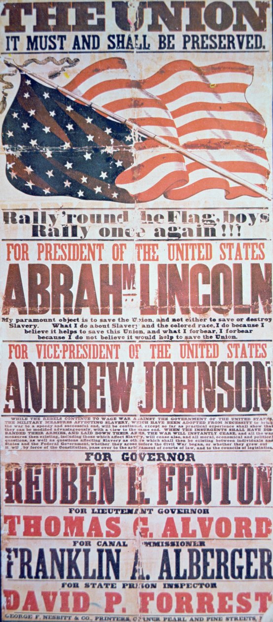 Vaalikampanjan juliste Abraham Lincolnille (1809-65) presidentille ja Andrew Johnsonille (1808-75) varapresidentille tekijältä American School